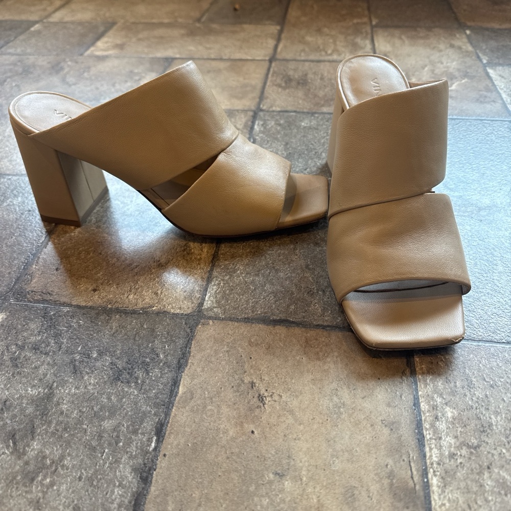 Vince Tan Leather Block Heel Mules